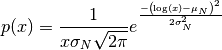p(x) = \frac{1}{x \sigma_N \sqrt{2\pi}} 
e^{\frac{-\left(\log(x)-\mu_N\right)^2}{2\sigma_N^2}}